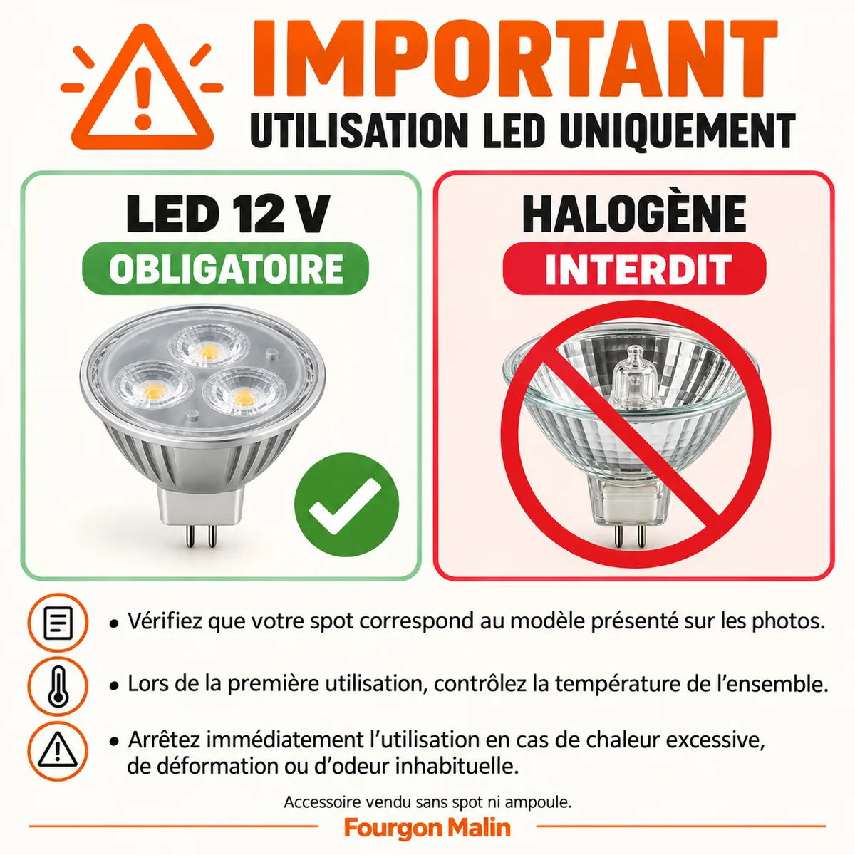 Consignes de sécurité : abat-jour à utiliser uniquement avec un éclairage LED 12 V, halogène interdit