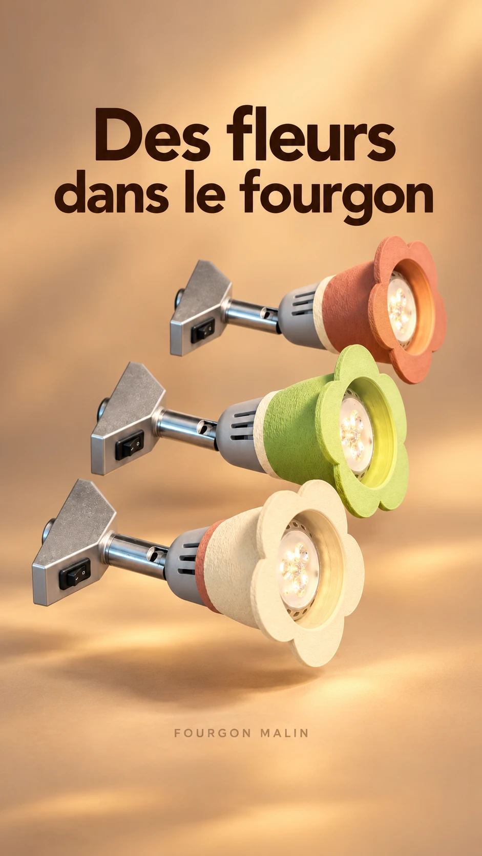 Des fleurs dans le fourgon : trois spots LED Dometic habillés d’abat-jour fleur terracotta, vert et clair